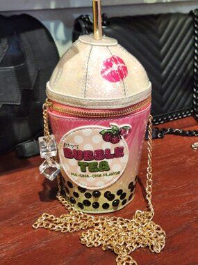 Betsey Johnson Pink Bubble Tea Ma-Cha-Cha-Flavor Crossbody Bag